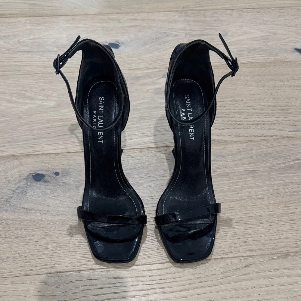 Saint Laurent Black Patent YSL Sculptural-Heel Sandals - Picture 3 of 8